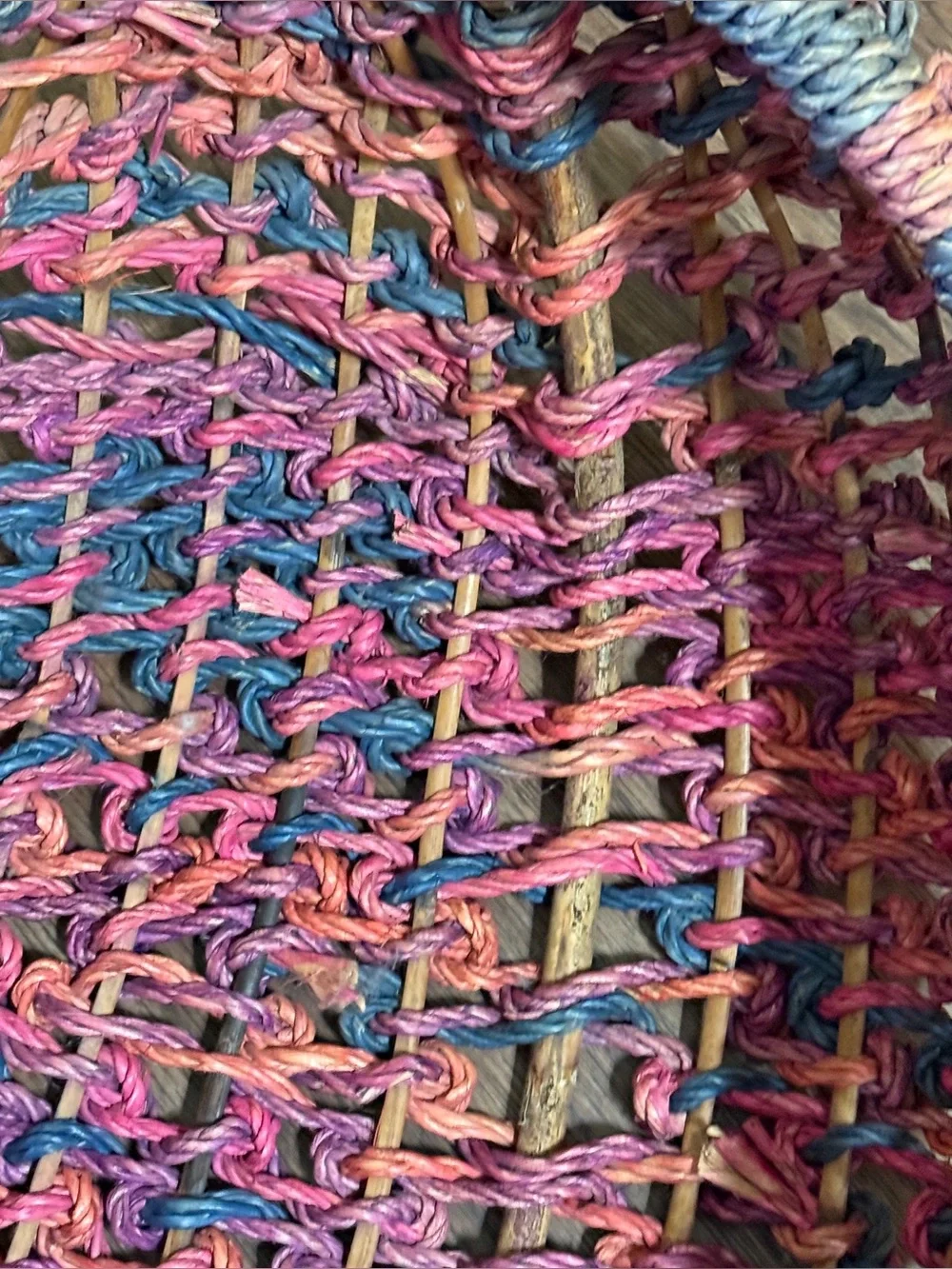 Large Colorful Woven Boho Boat Basket Pink Purple Teal and Tan  22” x 18” x 14”